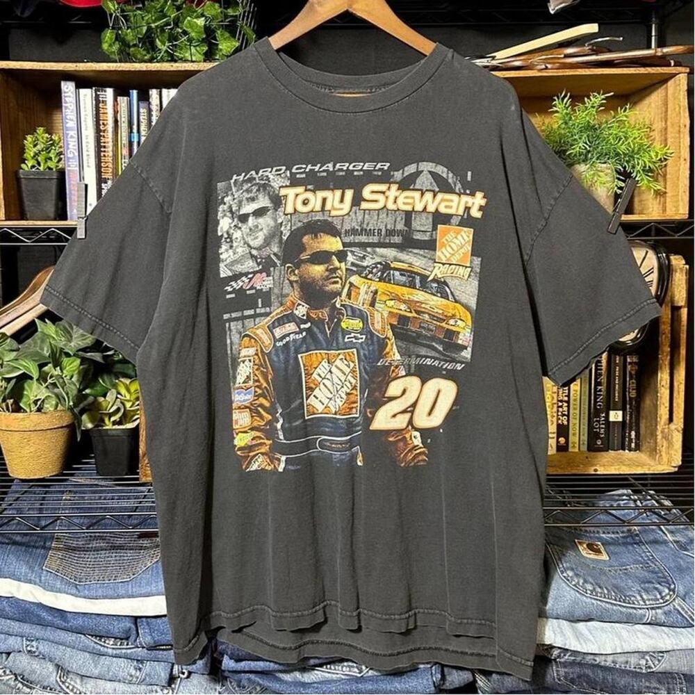 Vintage Y2K Tony Stewart AOP NASCAR Tee Faded Black 2000s Racing Shirt Mens XL